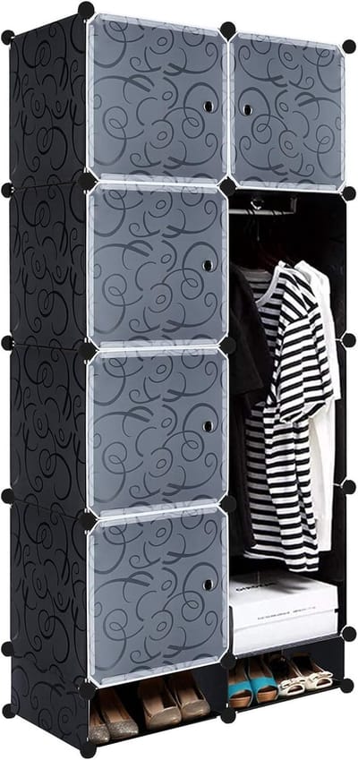 70x35x157cm Zwart Kledingkast Kunststof, Reksysteem Garderobekast met 8 Kubussen & Deur, Draagbare Planksysteem Slaapkamerkast, Combikast voor Kleding/Boeken/Speelgoed, NAIZY