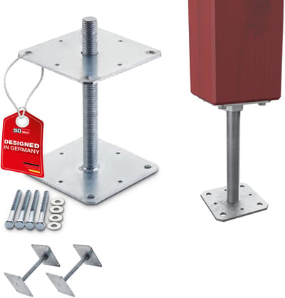SOTECH set van 2 paaldragers 160 x 160 x 250 mm schroefdraad M24 staal thermisch verzinkt houten paaldragers in hoogte verstelbare steunvoet om vast te schroeven weerbestendig