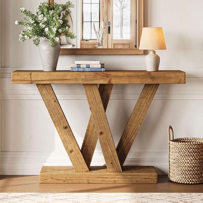 Tribesigns Massief Hout Consoletafel - Sidetable met Dubbele V-Vormige Voet - Bruin - 120 x 30 x 80 cm - Console Tafel voor Hal in de Woonkamer