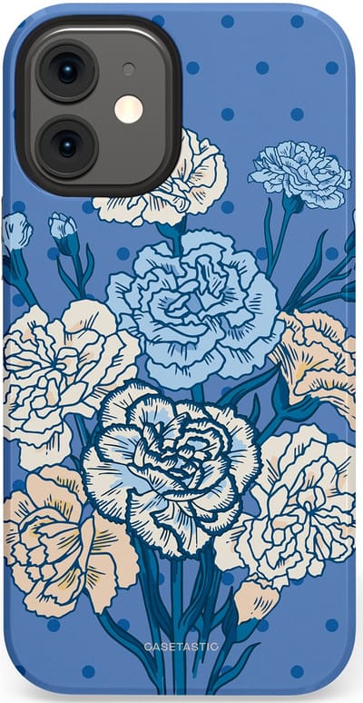 Casetastic hoesje geschikt voor Apple iPhone 12 Mini - Dubbellaagse bescherming - Anjer boeket - Fashion Case - Lavendel Lichtblauw Zilver