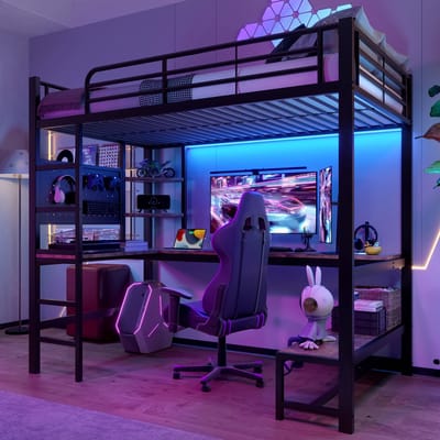 Gutent Loftbed - 90 x 200 cm - ijzer - met bureau - USB + Type-C-aansluiting - LED-verlichting - zonder matras - Zwart-Geen stoel