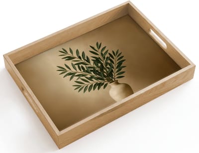 Dienblad hout 40x30 cm - Schootdienblad - Vaas - Olijftakken - Bladeren - Beige - Borrelplank rechthoek - Plateau dienbladen