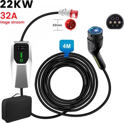 JUNSUN Draagbare 22kW 32A 3-Fase EV Laadkabel - Type 2 Laadpaal , 4M Kabel + LCD Scherm & Opbergtas - 6A/8A/10A/13A/16A/20A/24A/32A Schakelbaar - IEC62196-2 & IP67