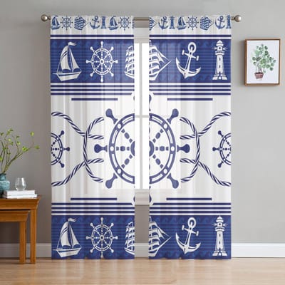 Roer Anker Blauwe Strepen Transparante Gordijnen voor Woonkamer Decoratie Raamgordijnen voor Keuken Tule Voile Organza Gordijnen W135 x H115cm x1 blue