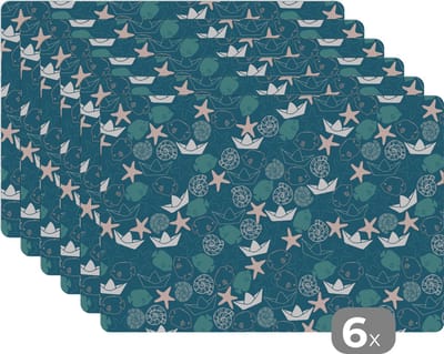 Placemat - Placemats kunststof - Patronen - Strand - Zee - 45x30 cm - 6 stuks - Hittebestendig - Anti-Slip - Onderlegger - Afneembaar