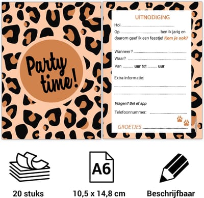 Uitnodiging kinderfeestje Luipaard - Voordeelset 20 stuks - Beschrijfbaar - Uitnodigingskaarten - Uitnodiging verjaardag - uitnodiging verjaardag feest - Uitnodiging kinderfeestje Jongen of Meisje - Uitnodiging feestje - uitnodigingen