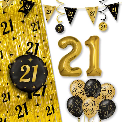 LUQ – All-Out Glam Set 20 Jaar – Zwart-Goud Verjaardag Decor – Luxe Feestpakket Ballonnen-Slingers-Vlaggenlijn-Gordijn