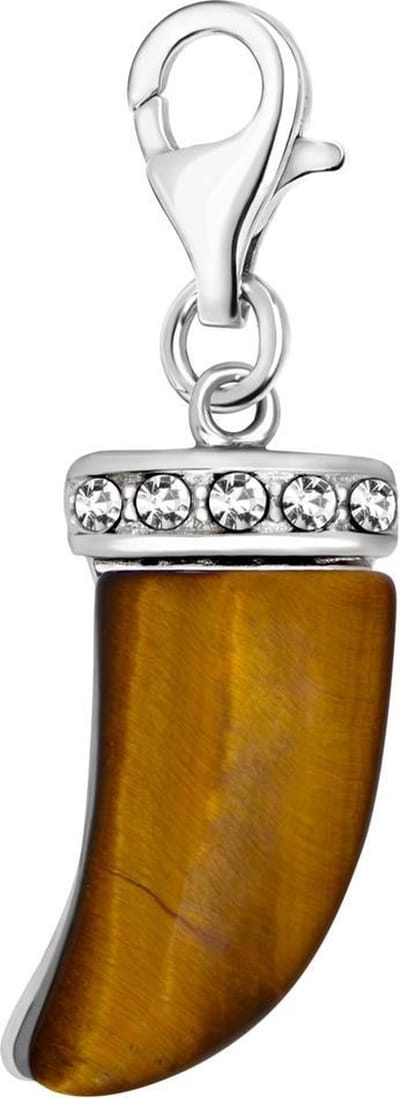Quiges – 925 - Zilver – Charm - Bedel - Hanger - Slagtand Bruine Tijgersoog - met – sterling - zilver - karabijnslot - geschikt - voor -Bedelarmband HC066