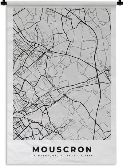 Wandkleed - Wanddoek - Stadskaart – Zwart Wit - Kaart – Mouscron – België – Plattegrond - 120x180 cm - Wandtapijt