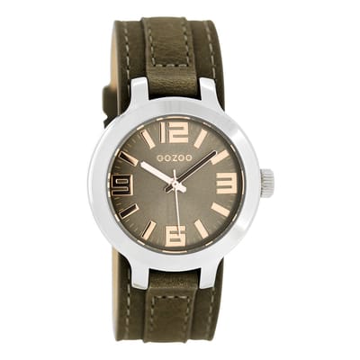 OOZOO Timepieces - Zilverkleurige horloge met donker bruine leren band - C8708