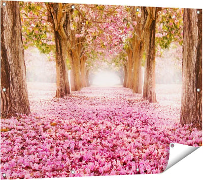 Gards Tuinposter Romantische Bomen Tunnel met Roze Anjers - 120x90 cm - Tuindoek - Tuindecoratie - Wanddecoratie buiten - Tuinschilderij