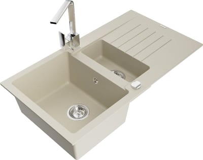 Mexen Matias granieten spoelbak 1,5-kamer met afdruipvlak en keukenmengkraan Rita, beige - 6502-69-670300-00