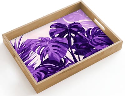 Dienblad hout 40x30 cm - Schootdienblad - Bladeren - Paars - Tropisch - Abstract - Borrelplank rechthoek - Plateau dienbladen