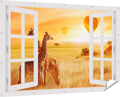 Gards Tuinposter Doorkijk Twee Giraffen met Twee Oranje Luchtballonnen - 180x120 cm - Tuindoek - Tuindecoratie - Wanddecoratie buiten - Tuinschilderij