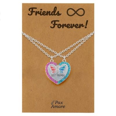 BFF Ketting voor 2 ' Friends Forever' - Magnetisch Hartje met Vlinder - Vriendschapsketting op Cadeau Kaartje - 45cm + 5cm verstelbaar - Zilverkleurig - Best Friends Hanger - Pax Amare