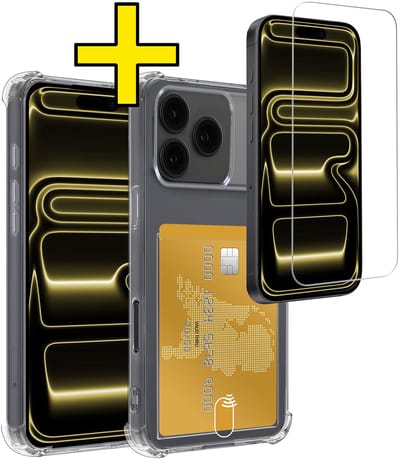 Hoesje - Geschikt voor Apple iPhone 17 Pro - Met Screenprotector - En Pashouder - En Kaarthouder - Telefoon Hoes Shockproof - Siliconen Case - Back Cover - Shock Proof - Pasjes Houder - Telefoonhoesjes - Transparant