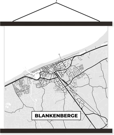 Posterhanger incl. Poster 60x60 cm - Schoolplaat - Kaart – Plattegrond – Stadskaart – Blankenberge – België – Zwart Wit - Textielposter - Zwarte latten - Stadskaart