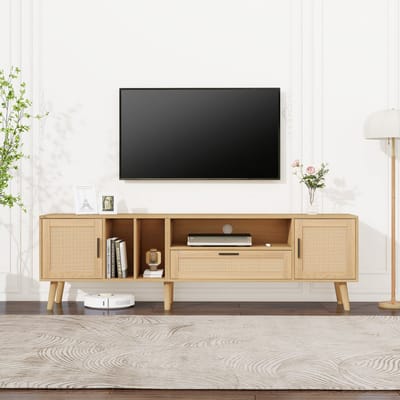 TV Kast - 180 cm Breed - Rattan Decoratie - Voor 80 Inch TV - Massief Houten Poten - Houtkleur