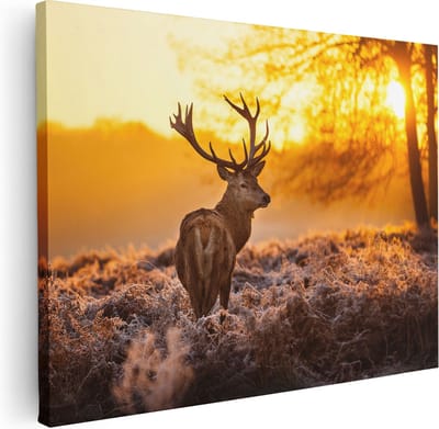 Artaza Canvas Schilderij Hertenkop Met Gewei - 40x30 cm - Klein - Muurdecoratie Bos - Wanddecoratie Zonsondergang - Kamer Accessoires