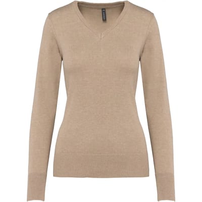 Pullover/Cardigan Dames L Kariban V-hals Lange mouw Beige heather 50% Katoen, 50% Acryl