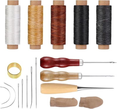 18-Delige Lederen Naaiset met Naalden en Zwaar Naaigaren voor DIY en Reparaties van Leer, Compleet Gereedschapset voor Handwerk