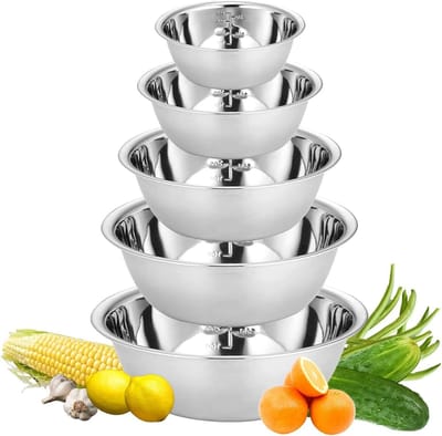 kommenset, roestvrijstalen kom, metalen kom, slakom met schaal, mengkom, stapelbaar, voor keuken, bakken, salade, 14/16/20/22/24 cm, 5 set