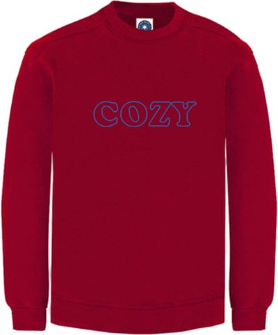 Huissweater - Huistrui - Sweater - Rood - NEON BLAUW tekst COZY - ruimzittend - Large Design by Eizook
