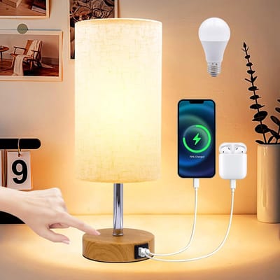 PQETBV Dimmable Bedside Lamp, Bedside Lamp for Bedroom, USB Charging Ports, Linen Lampshade, Small Lamp for Bedroom, Children's Room, Office