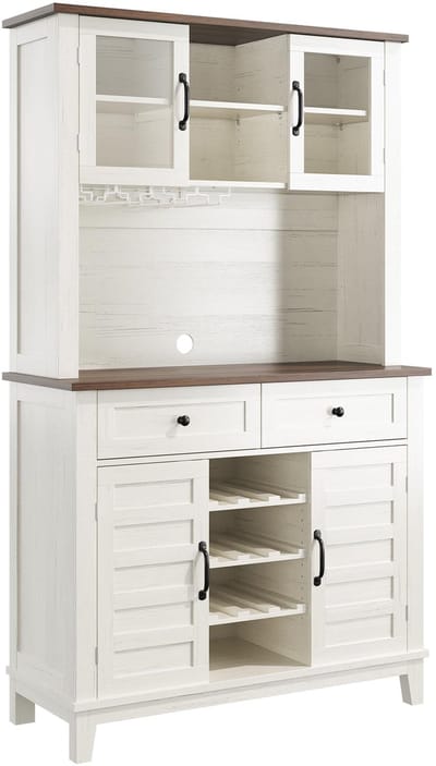 J1 Barkast met Glazen Deuren – Elegante 4-Deurs Kast met Laden – Bruin/Wit Contrast Opbergkast voor Woonkamer, Keuken en Eetkamer – Hoge Vitrinekast met Verstelbare Planken