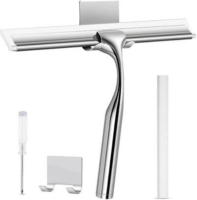 TTLUOKER®RVS304 Douchewisser met Zelfklevende Haak - Douche Trekker voor Gladde Tegels & Glas - Raamwisser zonder Boren - Zilveren Badkamer Accessoire