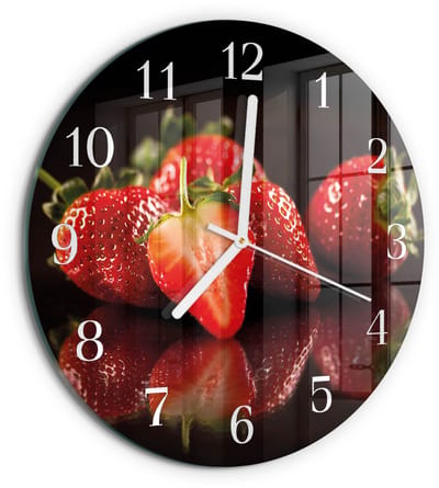Tulup Wandklok - Aardbeien Klok Glas Met Opdruk - 30fi cm - Rood Moderne Wandklok Glas - Witte Handen - Ronde Wandklok - Glazen Klok Met Print - Wandklok Glas Met Motief
