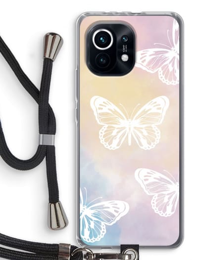 Case Company® - Hoesje met koord geschikt voor Xiaomi Mi 11 hoesje met Koord - White butterfly - Telefoonhoesje met Zwart Koord - Bescherming aan alle Kanten en Over de Schermrand