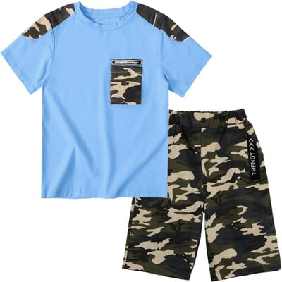 Kinder Zomerkleding Set - Kleding Jongens - Vrijetijdskleding - Camouflage Print - 11-12 Jaren - Blauw