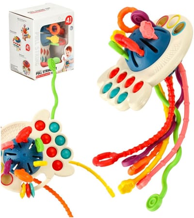 Playos® - Ufo Bijtspeelgoed - Blauw - Baby - Montessori Bijtring - Fijne Motoriek - Sensorisch Speelgoed - Trekkoord - Baby Speelgoed