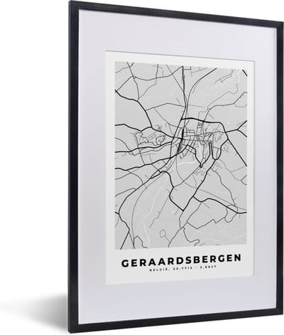Fotolijst incl. Poster Zwart Wit- Stadskaart – Zwart Wit - Kaart – Geraardsbergen – België – Plattegrond - 30x40 cm - Posterlijst