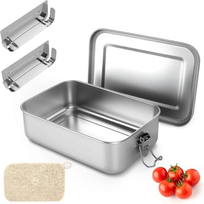 JGS Premium - RVS Lunchbox 1400ml met 2 Verwijderbare Vakken en een Sponsborstel - Geschikt voor Kinderen en Volwassenen - Voor Thuis, Kantoor, Reizen, Kamperen