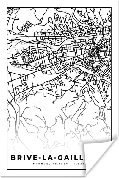 Poster Kaart - Brive-la-Gaillarde - Plattegrond - Frankrijk - Stadskaart - Zwart wit - 120x180 cm XXL