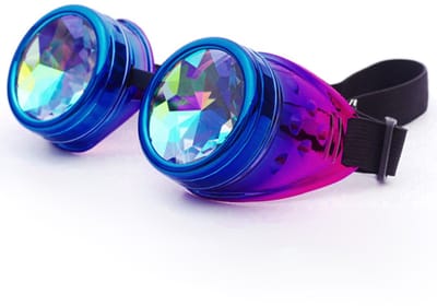 KIMU® Goggles Steampunk Bril - Blauw Paars Montuur - Caleidoscoop Glazen - Spacebril Burning Man Rave Space Zijkleppen Kaleidoscope Fairy Festival