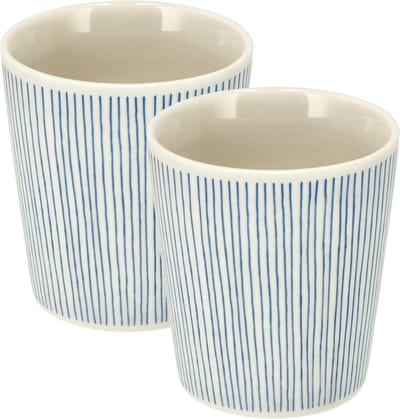 Koffiekopjes Set van 2 – Keramische Koffiemokken 200 ml Zonder Oor – Blauw Wit Strepen Patroon – Espresso Kopjes Cappuccino Bekers en Theekopjes