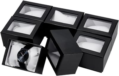 6-Pack Papier Horloge Geschenkdozen met PVC Venster voor Armbanden en Horloges, Rechthoekige Sieraden Verpakking met Kussen voor Display en Opslag, Zwart