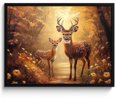 Poster in lijst - Fotolijst 70x50 cm - Posters - Herfst - Bos - Herten - Bosdieren - Natuur - Bruin - Posterlijst zwart - Decoratie - Wanddecoratie woonkamer - Muurdecoratie slaapkamer