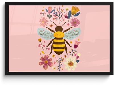 Poster in lijst - Fotolijst 60x40 cm - Posters - Bij - Geel - Bloemen - Kleurrijk - Posterlijst zwart - Decoratie - Wanddecoratie woonkamer - Muurdecoratie slaapkamer
