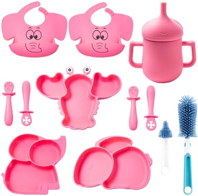 babyservies, bord met zuignap, lekvrije leerbeker, BLW-leerlepel, verstelbare siliconen slabbetjes, flessenborstels, 12 stuks, dierendesign