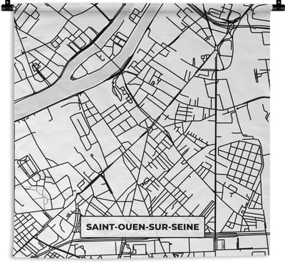 Wandkleed - Wanddoek - Kaart - Stadskaart - Saint-Ouen-sur-Seine - Frankrijk - Plattegrond - Zwart wit - 180x180 cm - Wandtapijt