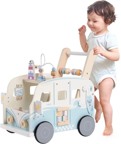 Robotime - ROBUD Houten Baby Loopwagentje - Duurzaam Gelakt Hout - Vakantiebus Thema - Voor Peuters 10Ma+