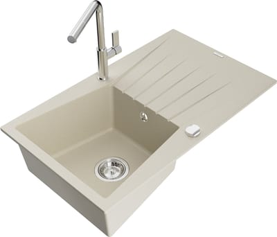 Mexen Cesar granieten spoelbak met 1 bak, afdruiprek en Flora keukenkraan, beige - 6514-69-670401-00