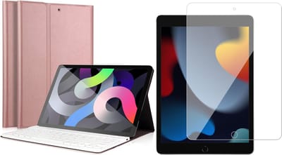 Hoes met Toetsenbord geschikt voor iPad 10.2 2021 - Screen Protector GlassGuard - KeyGuard Book Case Cover Kunstleer Roségoud & Screenprotector