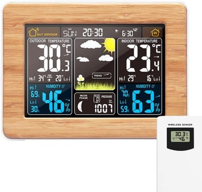 Draadloos weerstation met buitensensor – Binnen/buiten thermometer, tijd, digitaal, temperatuur, luchtvochtigheid, barometer, wekker