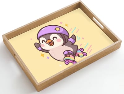 Dienblad hout 50x35 cm - Schootdienblad - Pinguïn - Rolschaatsen - Geel - Energiek - Borrelplank rechthoek - Plateau dienbladen