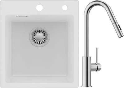 Auralum max Spoelbak Keuken 40x45CM - Spoelbakken Graniet Met Keukenmengkraan - Enkele spoelbak Wit - Met waterafvoersysteem - Voor 40 cm kast